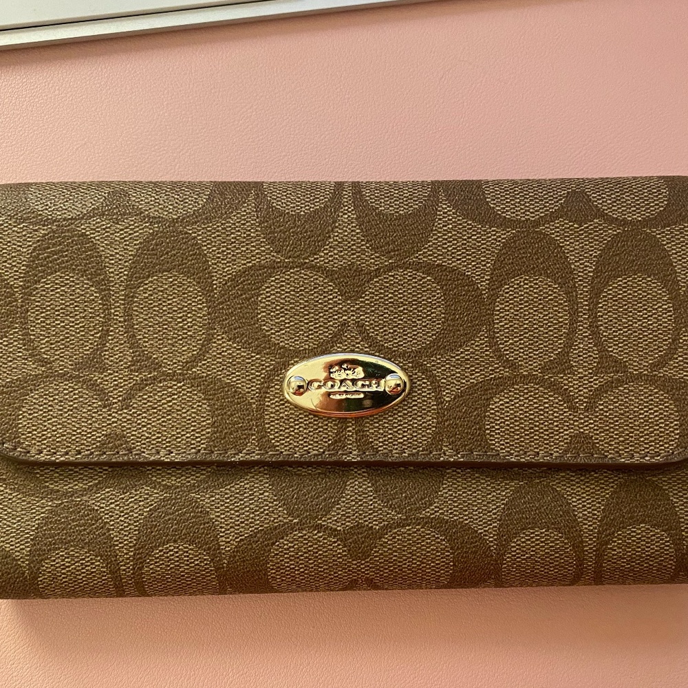 Coach Signature PVC Checkbook Wallet Brown Tan